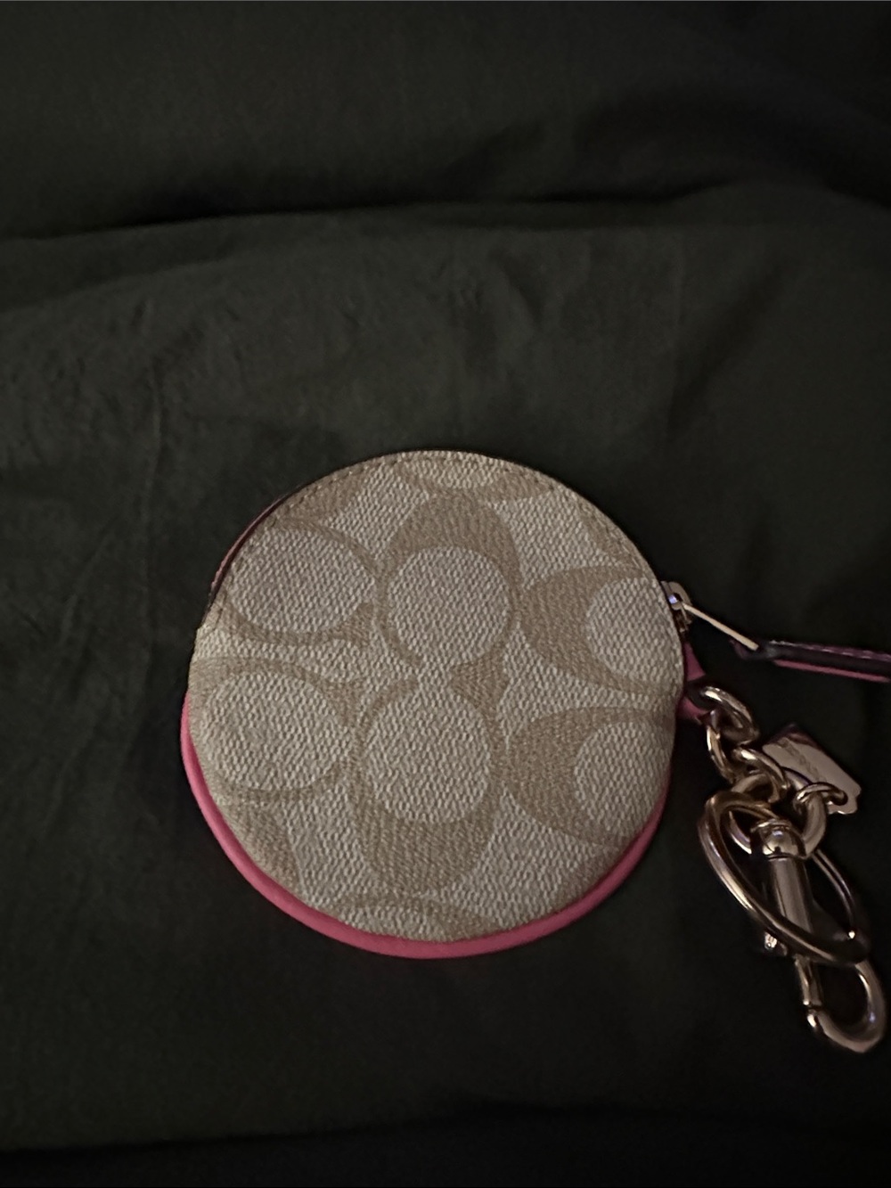 Coach Signature Canvas Round Coin Pouch with Pink Trim
